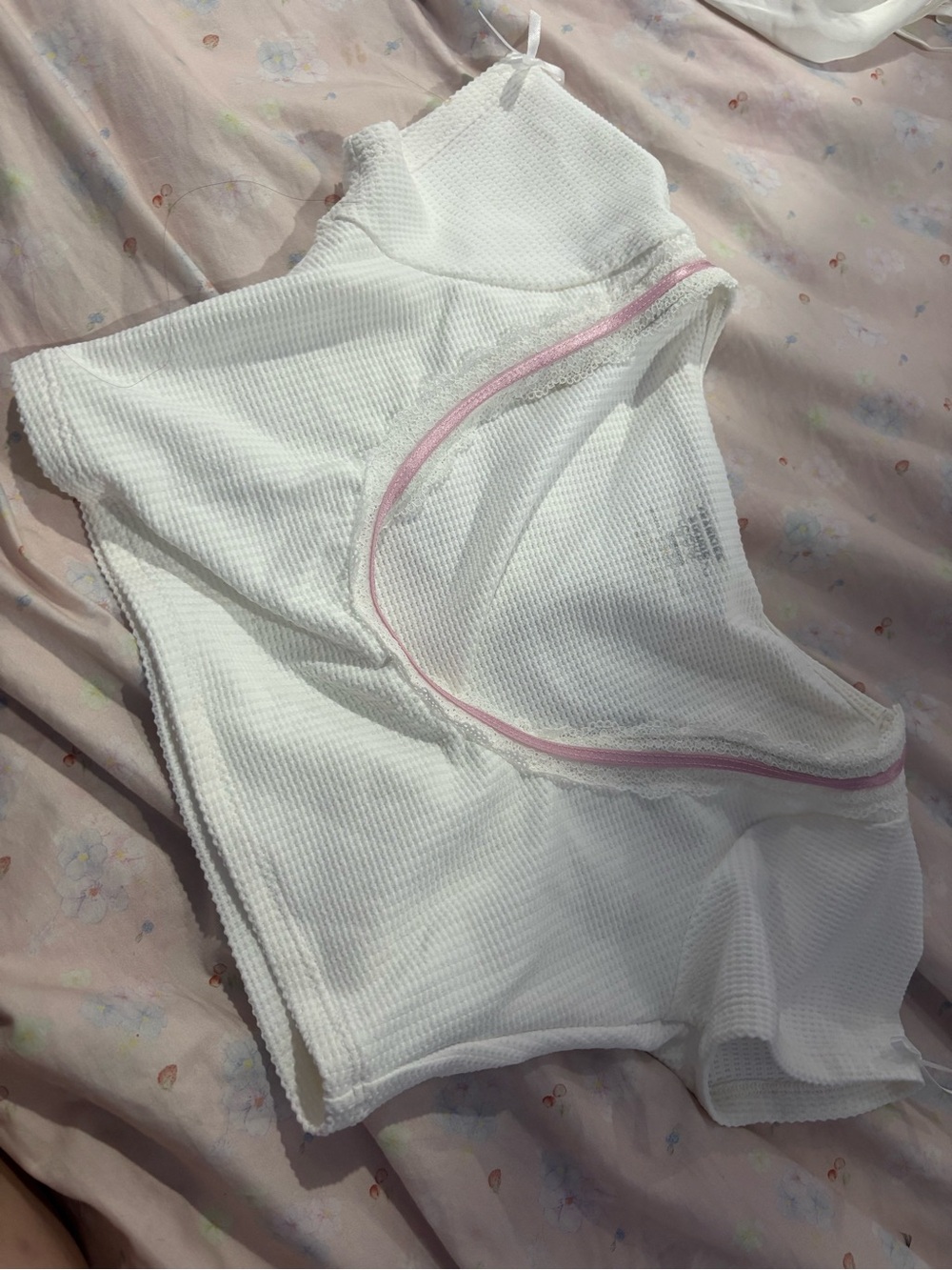 Frankie's Bikinis White Ribbed Top with Pink Trim